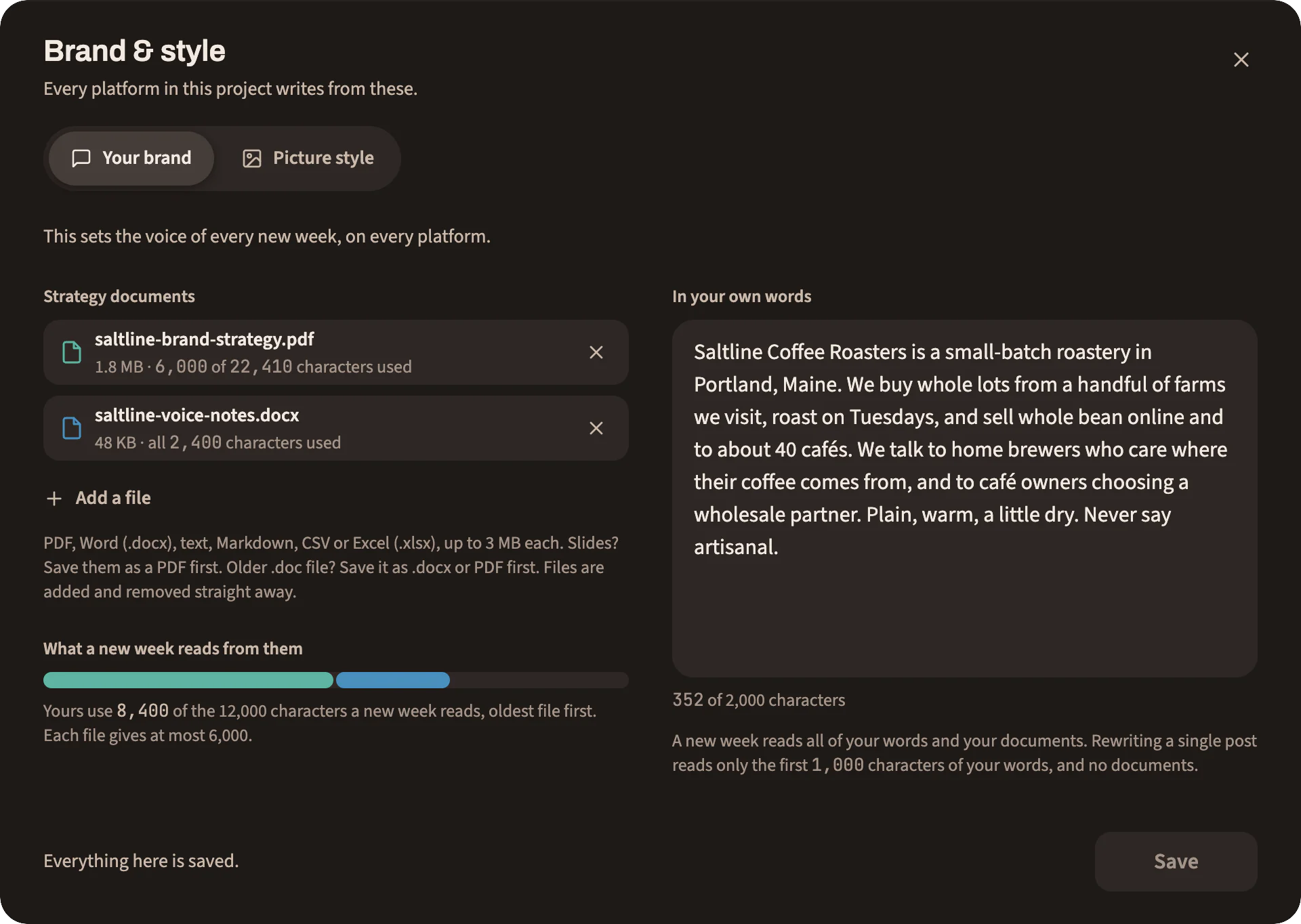 Brand settings with two strategy documents and a short description of the brand that every platform in the project writes from