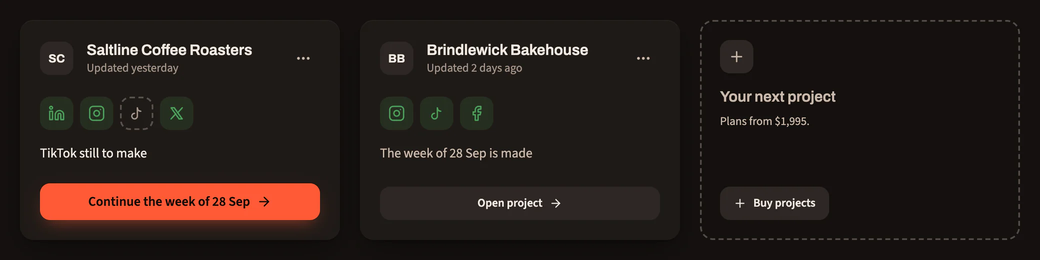 Project cards side by side: Saltline Coffee Roasters with TikTok still to make, Brindlewick Bakehouse with its week made, and a card for the next project