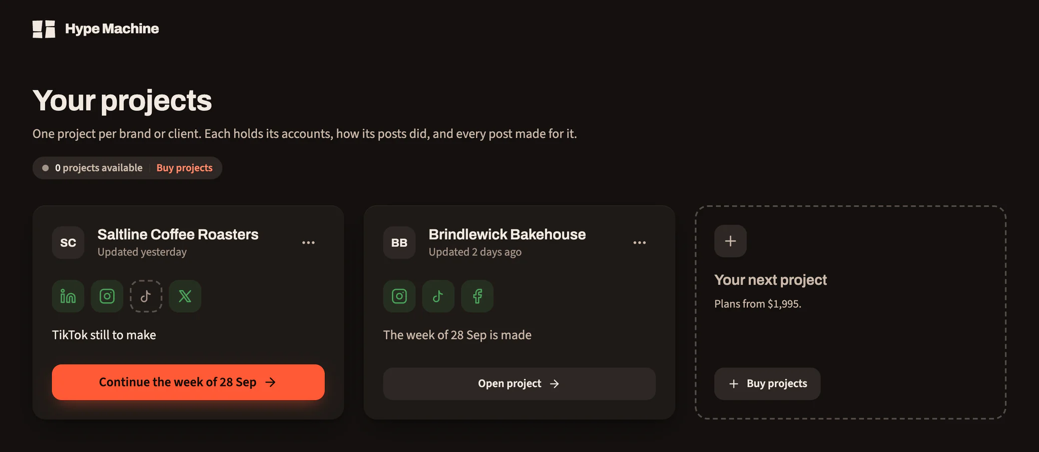 The projects screen: two brand projects, each showing its platforms and what is left to make, and a card to add the next project, plans from $1,995