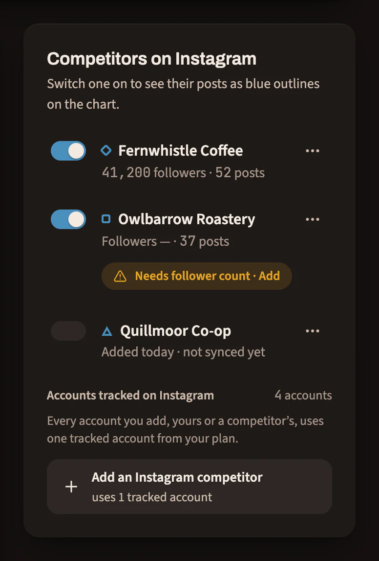 The competitors panel: two competitors switched on, one waiting for its first sync, and a button to add an Instagram competitor that uses one tracked account